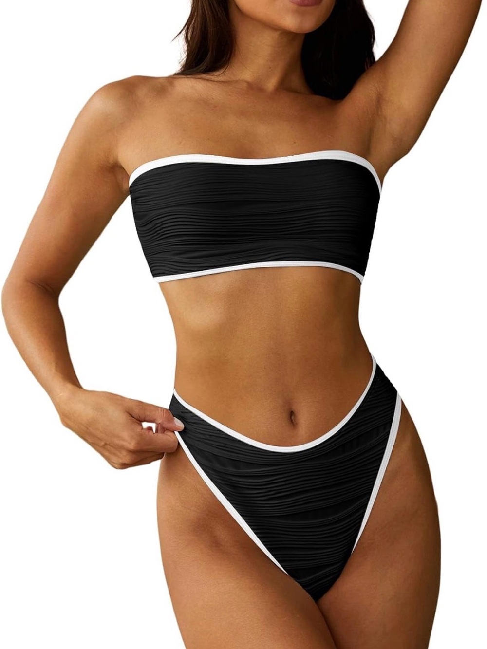 ZAFUL Black Bandeau Two-Piece Swim Set with White Trim